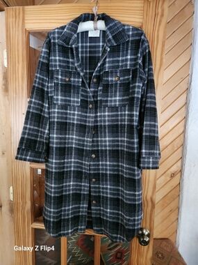 Panache Black & Gray Long Plaid Button-Front Coatigan